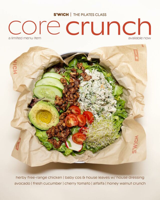 CORE CRUNCH | herby free-range chicken, baby cos & house leaves w/ house dressing, avocado, fresh cucumber, cherry tomato, alfalfa & honey walnut crunch

available now, for one month only. in collaboration with @thepilatesclass