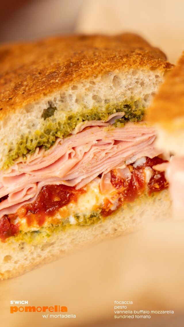 POMORELLA w/ mortadella | foccacia, pesto, @vannellacheese buffalo mozzarella & sundried tomato